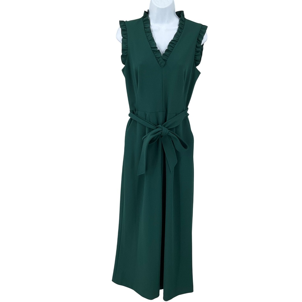 Calvin Klein Jumpsuit Women 10 Green Ruffle V-Neck Wide Leg Belted Luxury